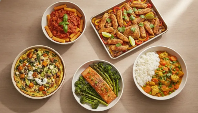 Five different home-cooked weeknight meals arranged in a loose circle on a pale oak table