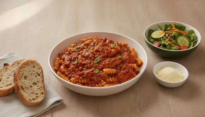 A large serving bowl of tomato and lentil pasta with salad, grated cheese and sliced bread on a pale oak table