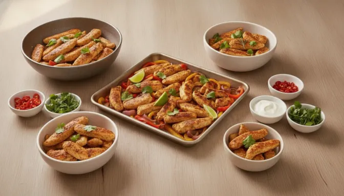 One tray of chicken fajitas in the middle of a table, served out into four bowls of noticeably different sizes, with small side bowls of chilli, yoghurt and herbs alongside