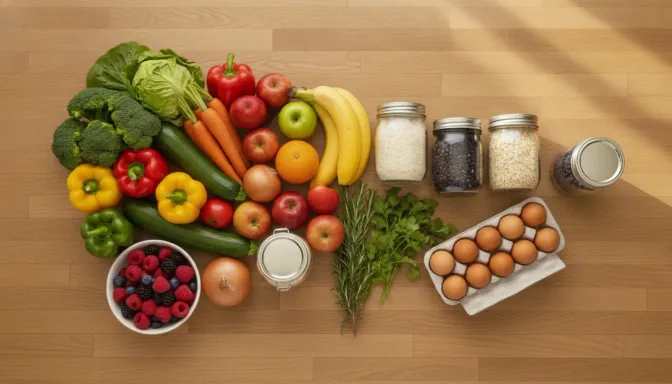 A week's groceries unpacked onto a wooden bench and grouped the way a shop is: vegetables and fruit together, then herbs, jars of rice and grains, and a carton of eggs