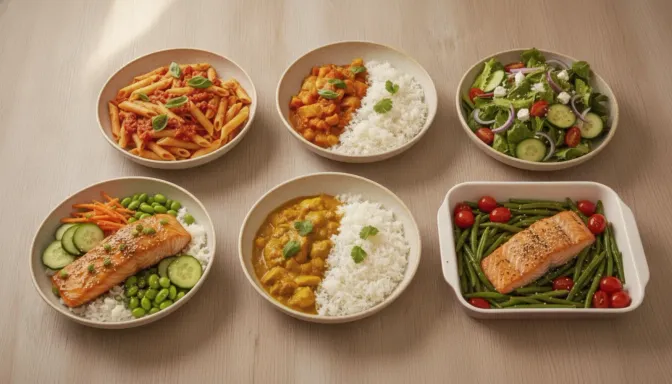 Six home-cooked dinners in matching shallow dishes, laid out in a loose grid on a pale oak table