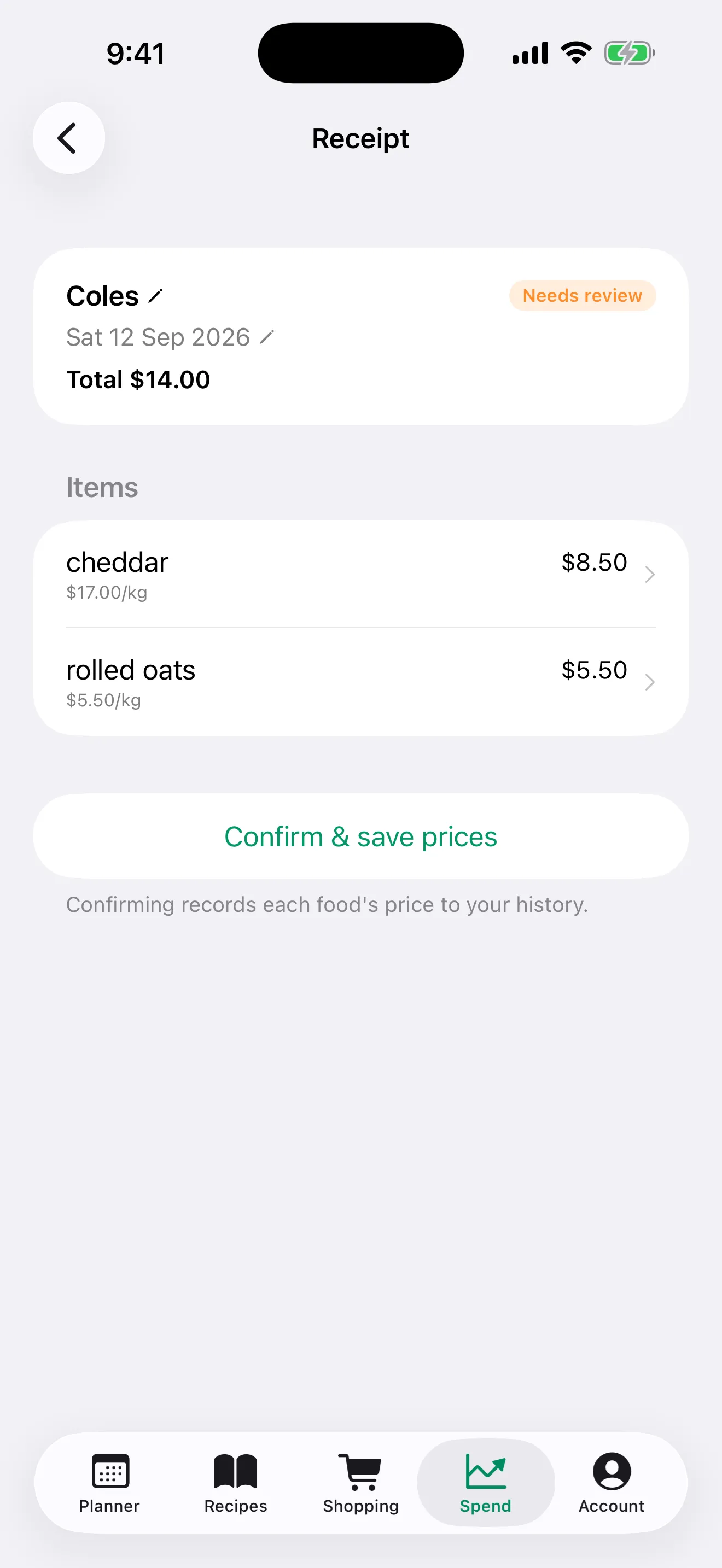 Harvenna on iPhone shows a Coles receipt with two food lines and Confirm & save prices.