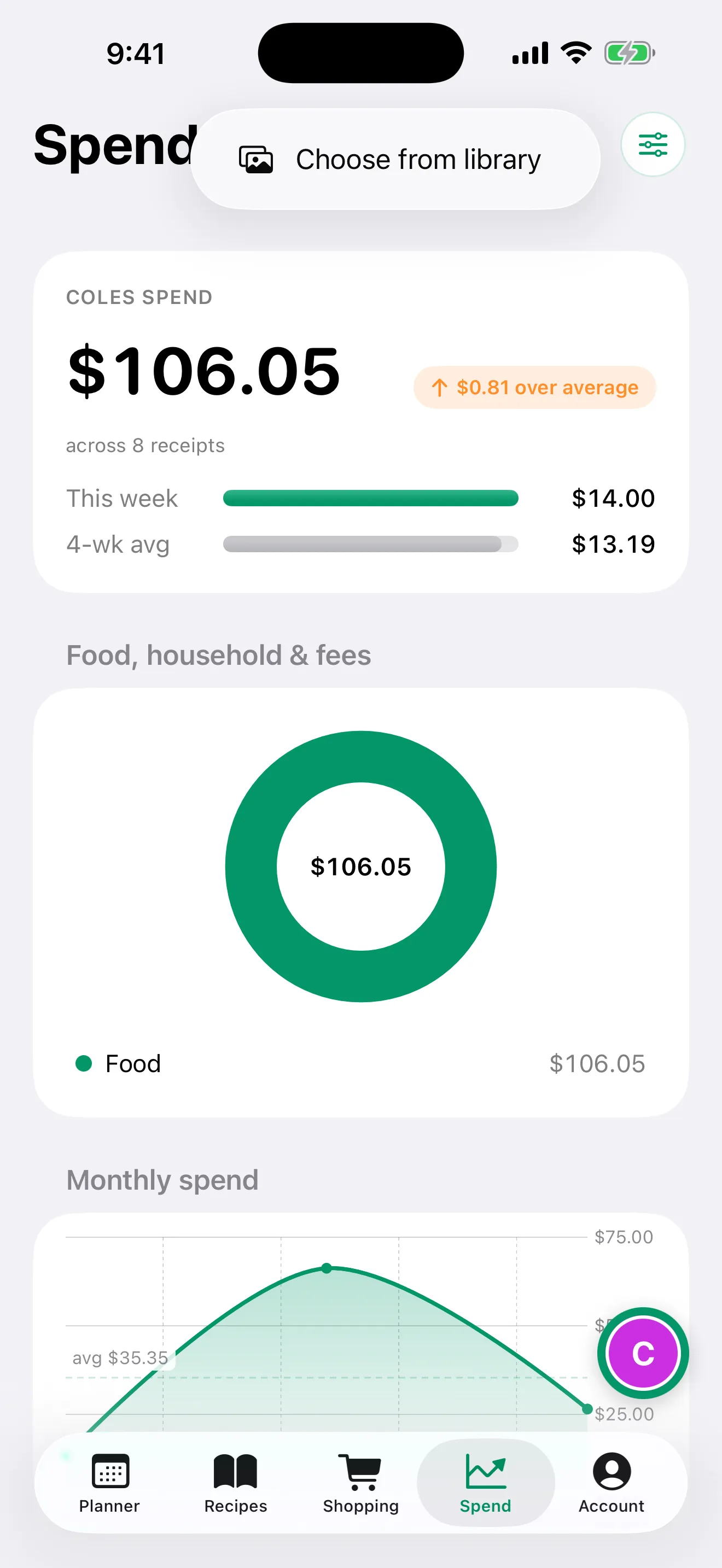Harvenna on iPhone shows Choose from library in the Add receipt menu on Spend.