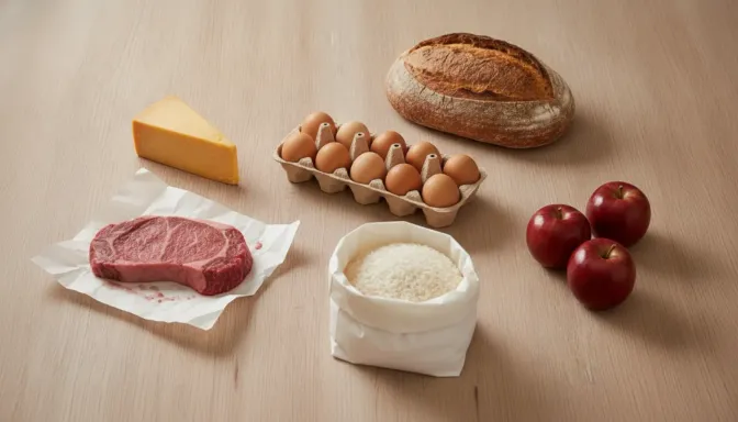 Six everyday grocery items spaced apart on a wooden bench so each is separately visible: a wedge of cheese, a cut of red meat, a carton of eggs, a loaf of bread, a bag of rice and three apples